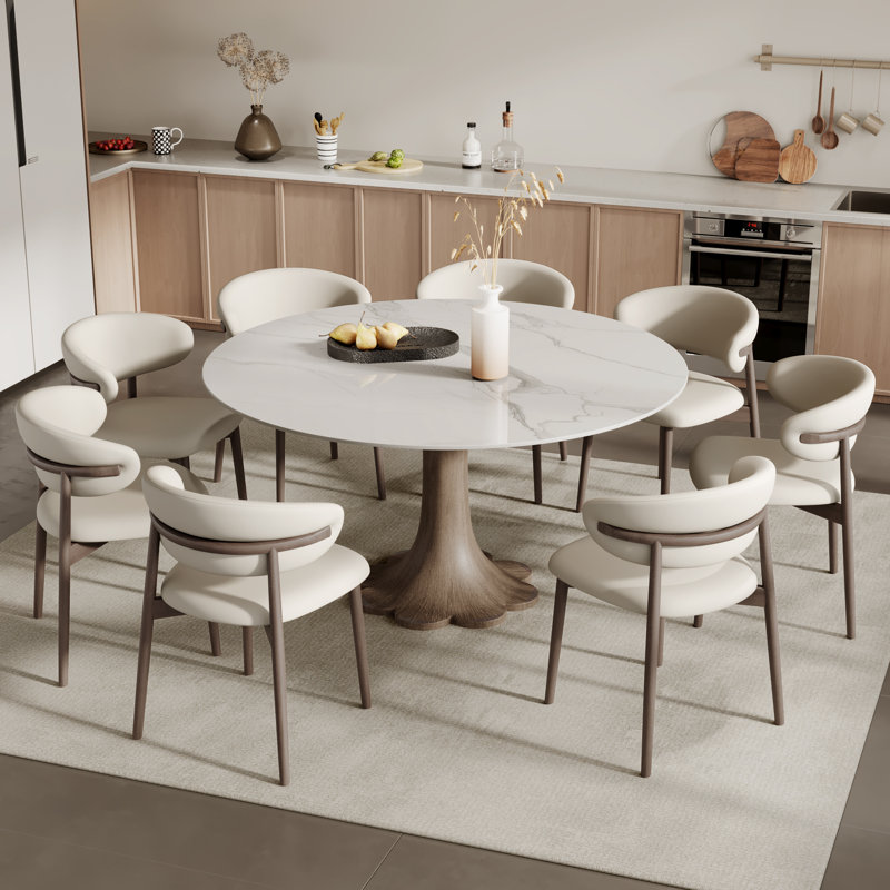 Mid-Century moderne enneigé / sable fritté pierre ronde bois massif en bois massif piédestal de forme noyer / ton noyer foncé (1 table, 4/6/8 chaises)