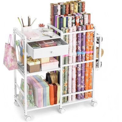 Wrapping Paper Storage, Rolling Gift Wrap Station, 9 Adjustable Rod Design, White