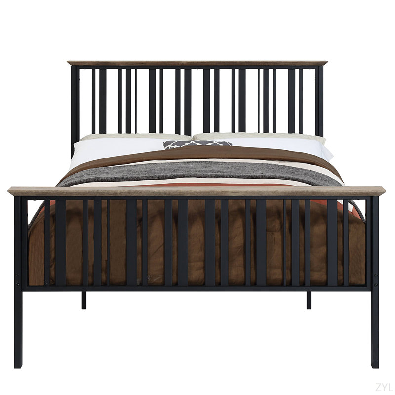Lit double chêne antique et finition noire, Métal / bois synthétique, Noir/chêne, Double
