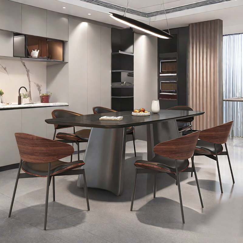 Modern Rectangular Rock Slab Dining Table Chair 6 - Person Double Pedestal Dining Set, 29.5"H x 78.7"L x 31.4"W
