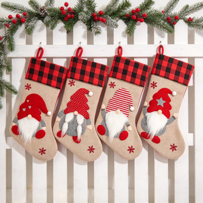 Set of 4 Christmas Stockings with Buffalo Plaid Cuff and Gnome Design, Farmhouse Holiday Hanging Stocking for Fireplace Mantel Decor