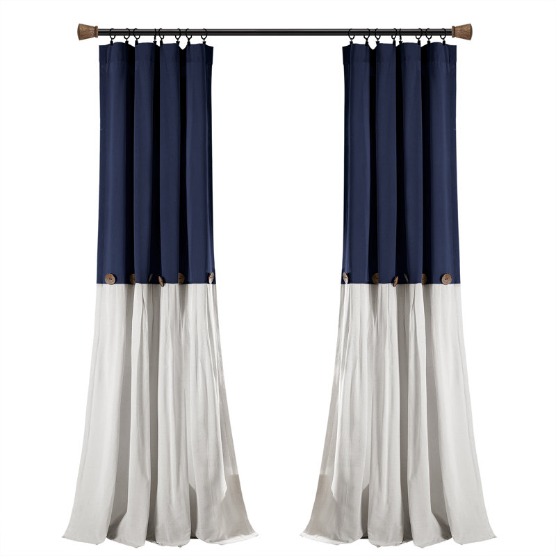 Cotton Blend Semi Sheer Curtain Single Panel, Navy/White