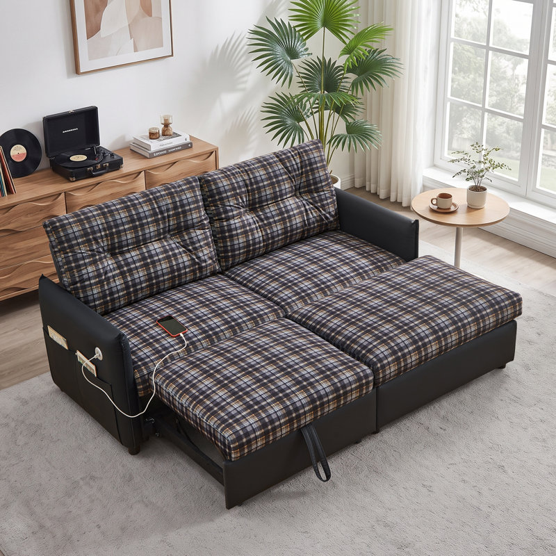 Canapé-lit convertible en velours de 177 cm (69,7 po), canapé-lit 3 en 1 avec pouf et rangement, futon d'angle multifonctionnel avec ports de chargement USB pour petits espaces de salon