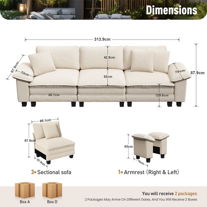 Chenille Chaise End Sofa, 3, Beige Corduroy