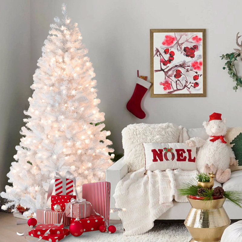 Arbre de Noël blanc 7,5 pi avec fil mémoire pré-éclairé - 450 lumières incandescentes chaudes, 1240 pointes, conception à dépliage automatique, support en métal stable, arbre de Noël artificiel en PVC