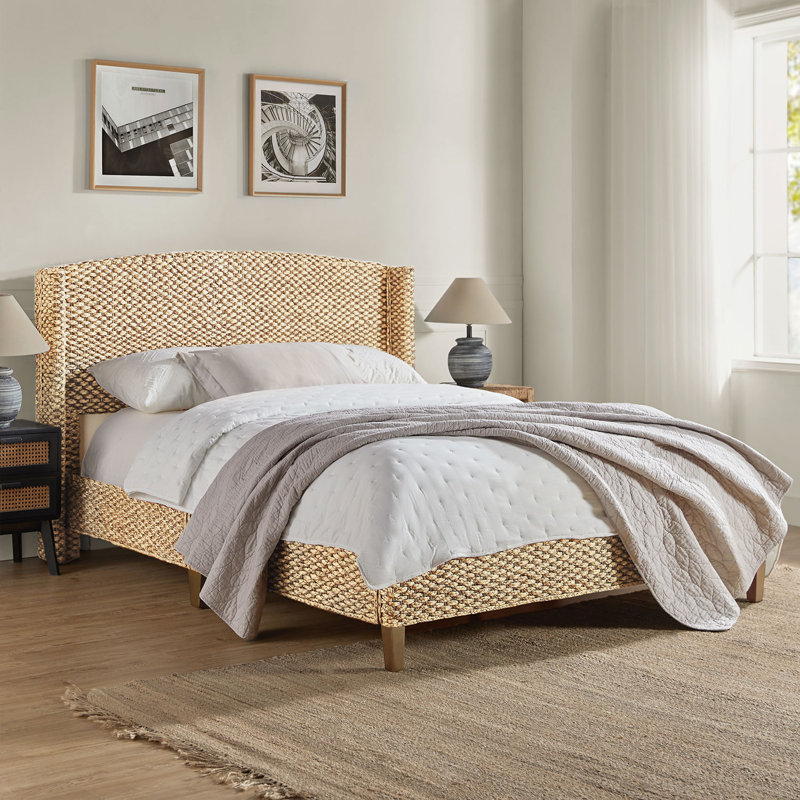 Josephina 48.5'' H Rattan Farmhouse Wooden Wingback Bed with Solid Wood Frame, Queen, Natural
