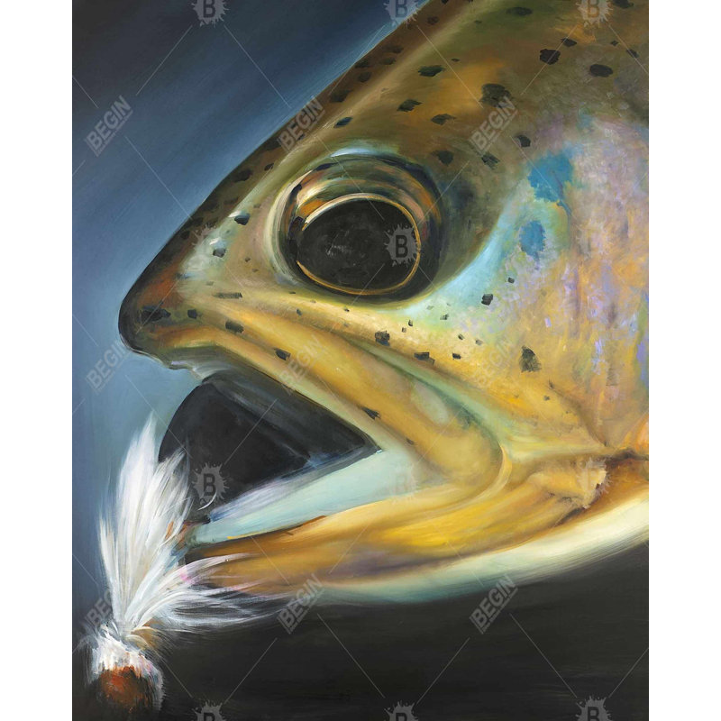 Truite dorée avec mouche de pêche, reproduction sur toile