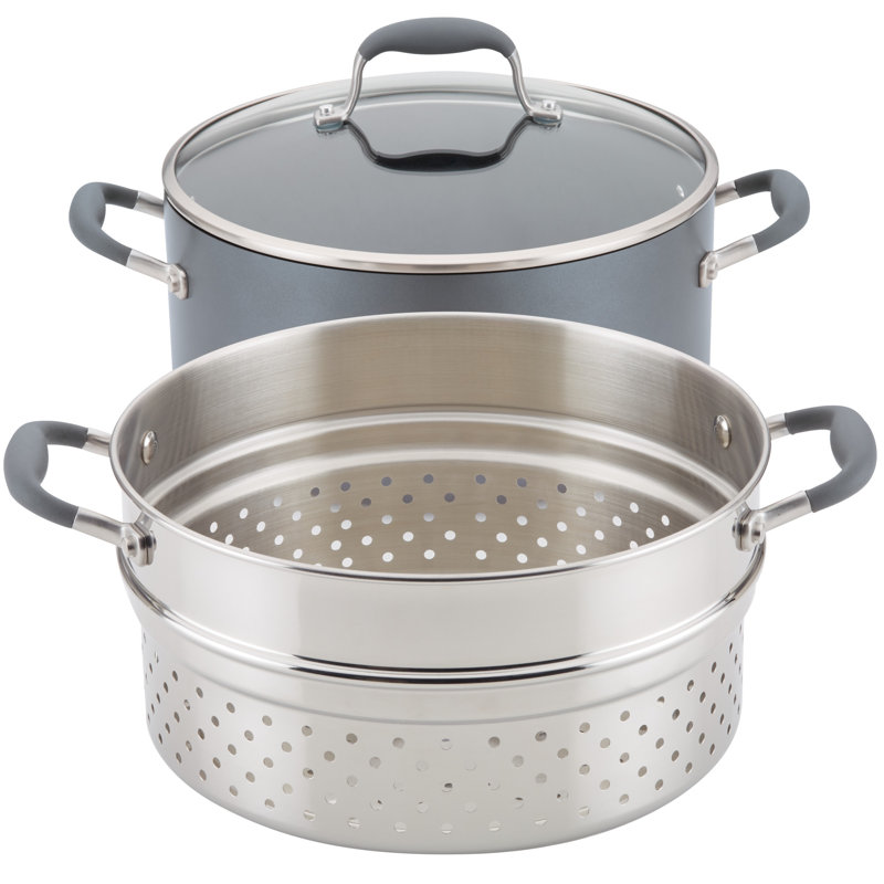 Anolon Advanced Home Hard Anodized Nonstick Wide Stockpot With Steamer Insert Set, 3-Piece,  8.5-Quart, Gray