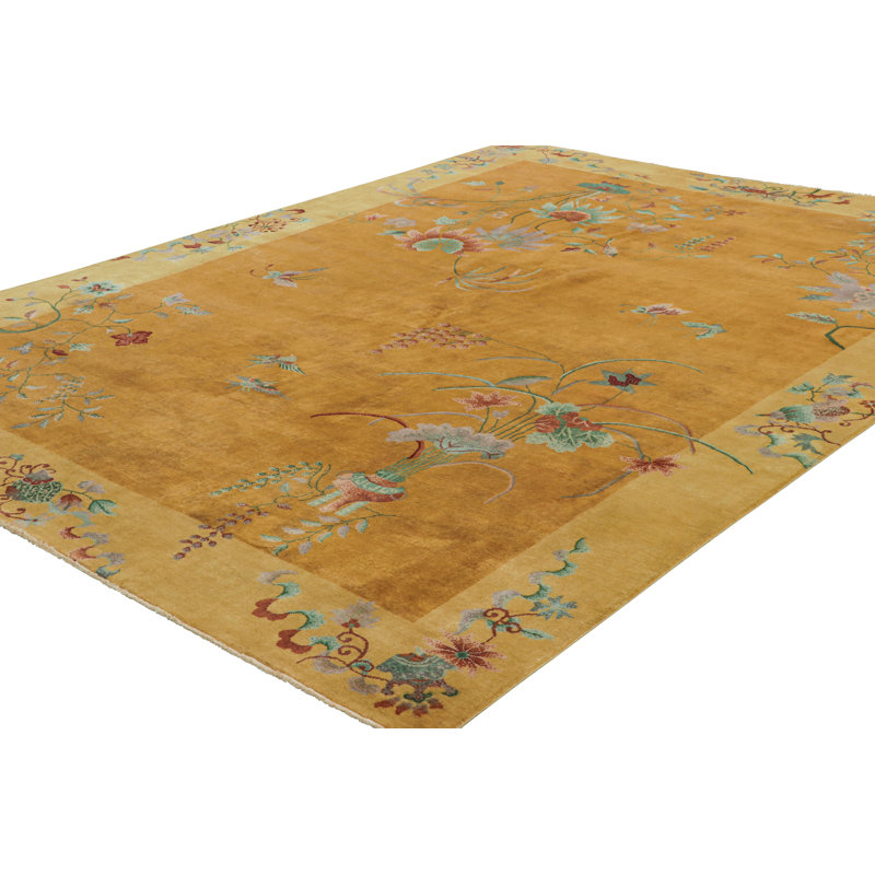 Art Deco Hand Knotted Wool Floral Area Rug, Rectangle 9' x 12'
