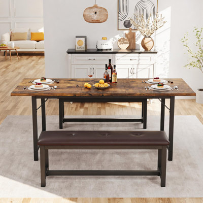 Large 3-Piece Extendable Dining Table Set for 4-6 – Rectangle Table with 2 Upholstered Benches – Metal Frame, Space-Saving – Vintage Color – Apartment