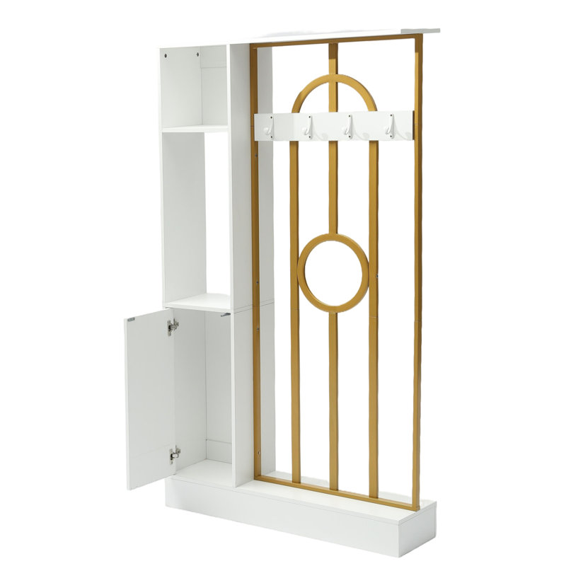 Paravent réversible de 180 cm avec rangement, porte-manteau d'entrée en MDF avec 4 crochets et cadre en métal doré, cloison moderne pour espaces ouverts