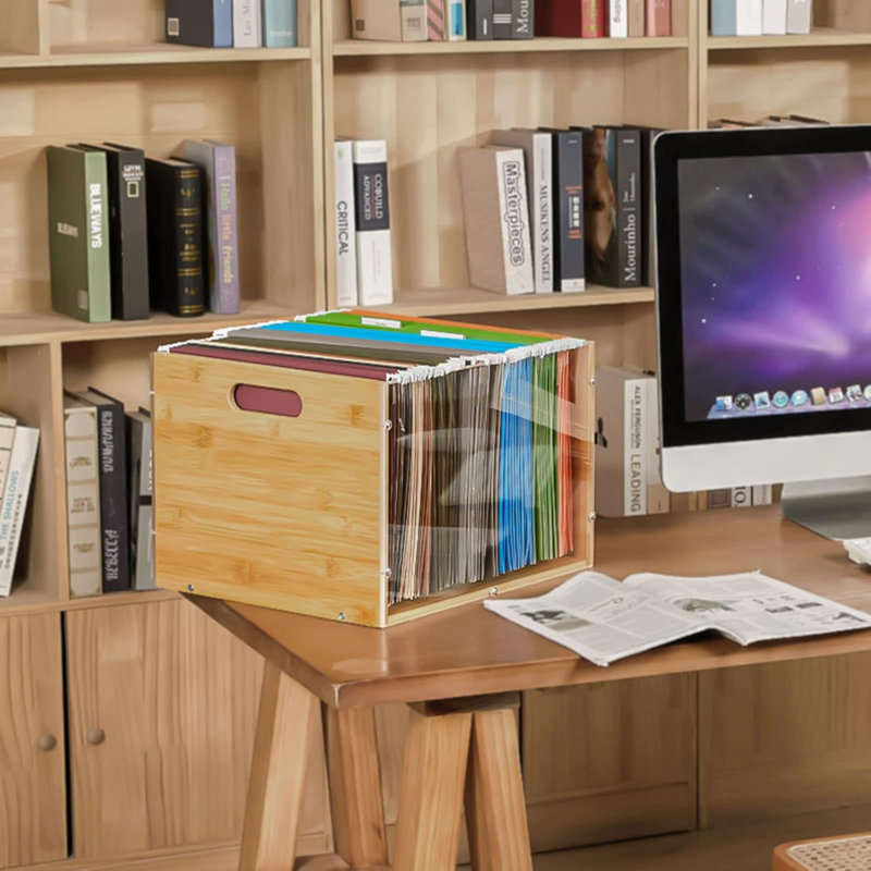 Bamboo Acrylic File Box Organizer, Hanging File Folder Storage Boxes, Decorative Document Crate Transparent Filing Bin With Handle For Home Office Desk