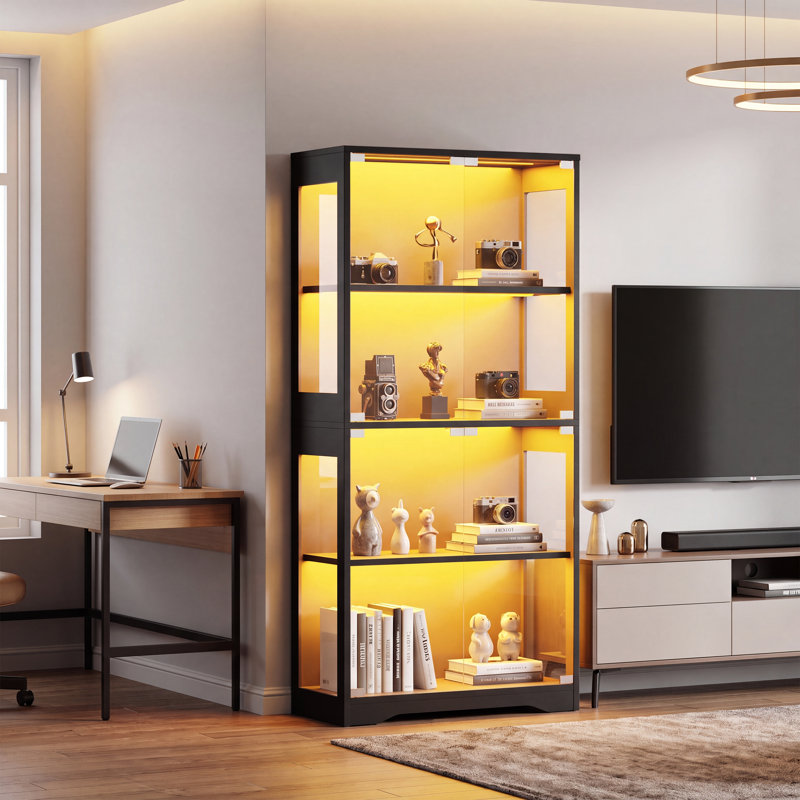 Vitrine étroite 13,7 po avec lumières et tablettes réglables à DEL RVB, armoire de rangement pour porte en verre trempé, armoire vitrée autoportante pour objets de collection, figurines, chambre à coucher, salon