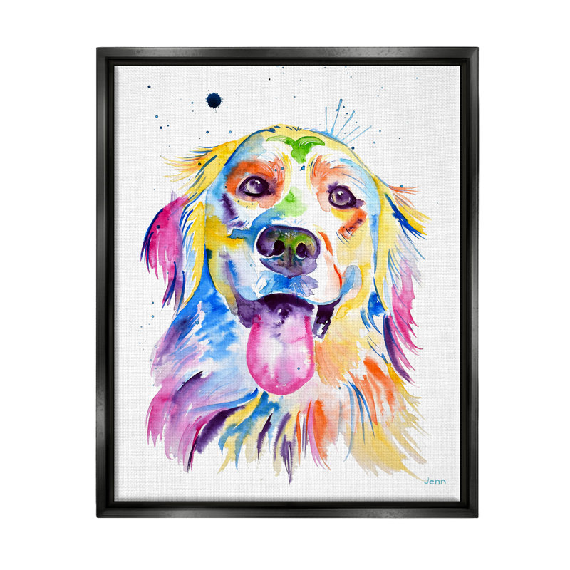 Impression sur toile, "Happy Dog Face", aquarelle, Cadre flottant noir de jais, H 31 po x l 25 po x P 1,7 po
