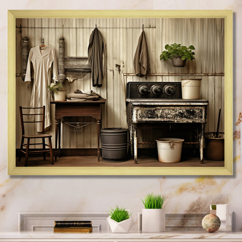 «Farmhouse Laundry Charm III», art mural, H 24 po x l 32 po x P 1 po, Cadre doré simple