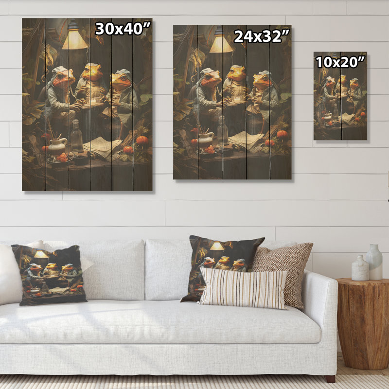 Frog Mafia Monarchie I - grenouilles et crapauds, art mural sur bois de pin naturel, H 32 po x l 24 po