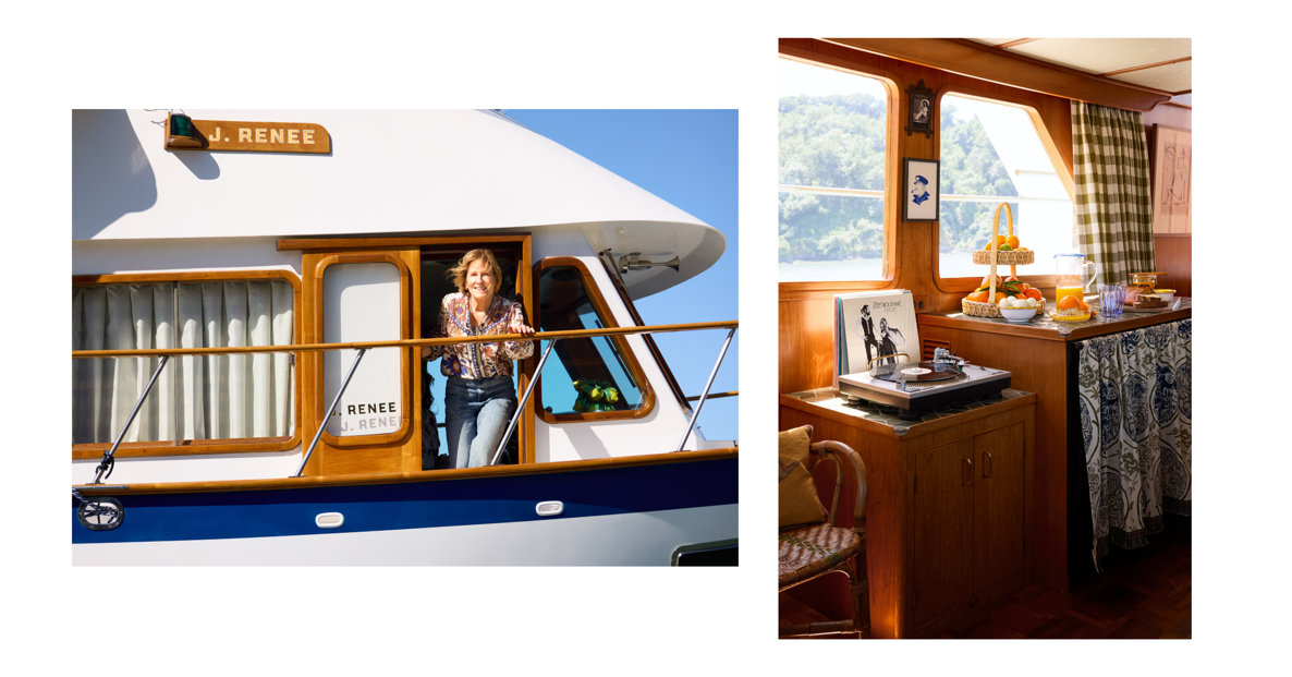 A smiling woman standing on the deck of the J. Renee yacht next to an interior view of a cabin featuring a wooden kitchenette, a record player, green checkered curtains, and a patterned fabric cabinet cover.
