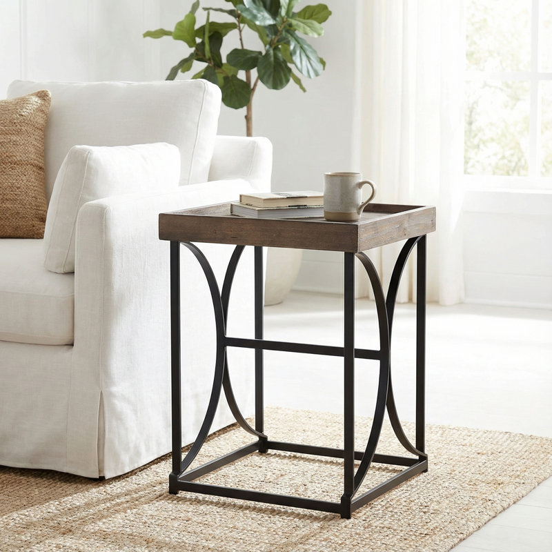 Luxe End Table in Reclaimed Wood and Black Steel, Distressed Brown