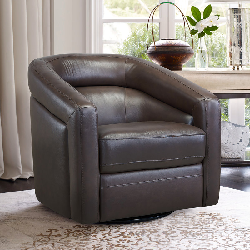 Fauteuil demi-tonneau pivotant en cuir fleur 32 po Dehaven, Cuir véritable espresso