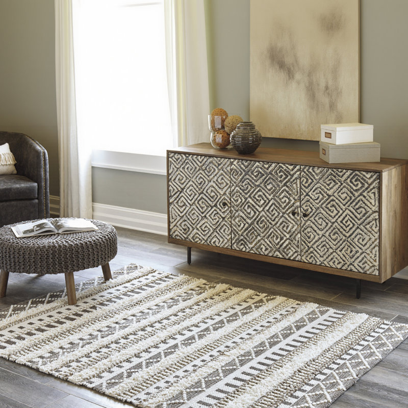 Tapis ivoire en laine tissé à plat à la main Watimar Chervon, Rectangle 5 pi x 7 pi