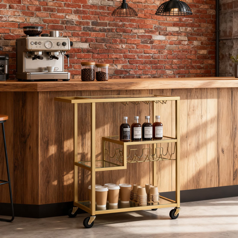 Modern 3-Tier Serving Cart With Rectangular Glass Top, Adjustable Shelves And 4 Caster Wheels For Easy Mobility