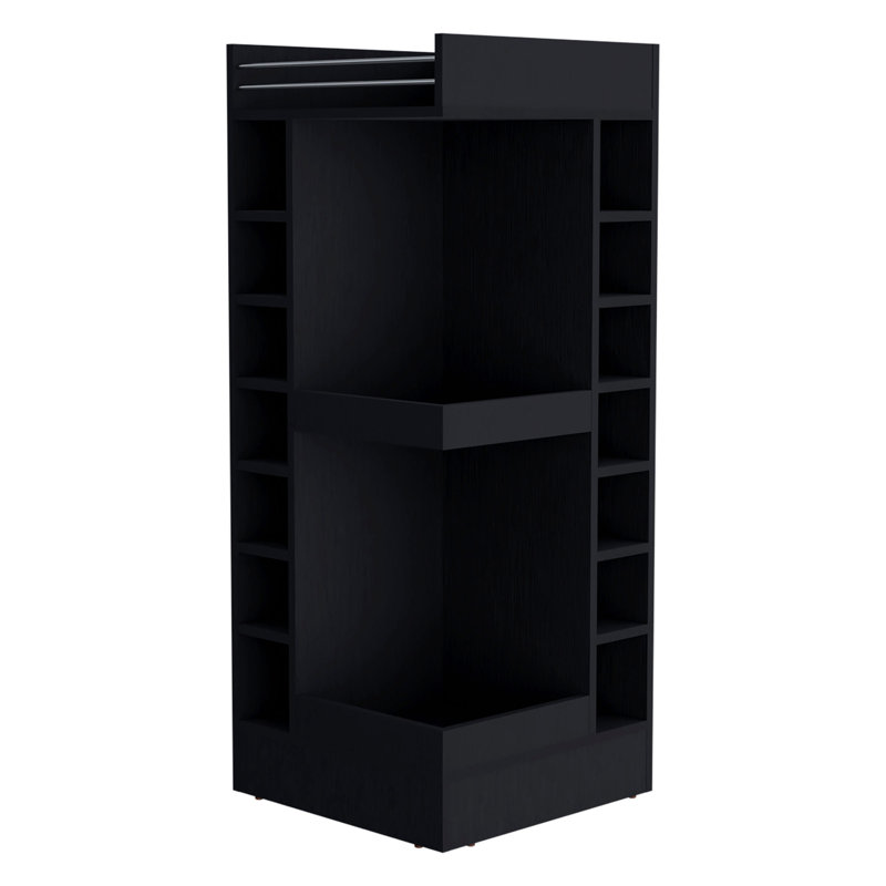 Lamer Corner Bar Cabinet with Wine Rack and Open Shelf, Natural Oak, Black
