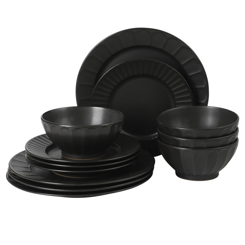  Winchester Way 12-Piece Embossed Stoneware Dinnerware Set – Reactive Matte Glaze, Durable Lightweight-Tech Plates & Bowls, Everyday Dish Set, Microwave & Dishwasher Safe – Black
