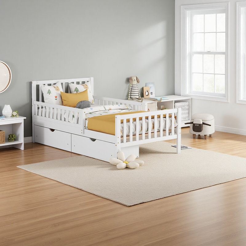 Lit plateforme simple en bois avec garde-corps des deux côtés et deux tiroirs de rangement, Blanc