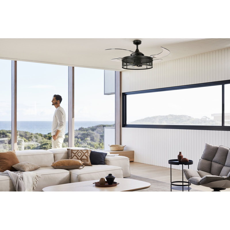 Ventilateur de plafond à pales rétractables de 48 po avec lumière et télécommande Meridian, Noir
