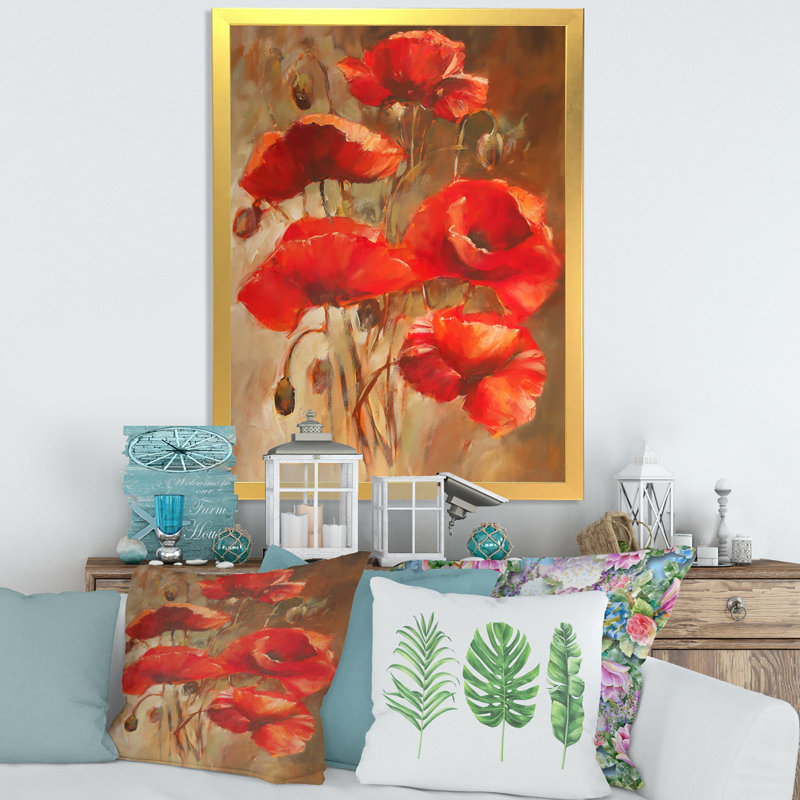 Red Blossoming Poppies VI - peinture sur toile, H 40 po x l 30 po x 1,5 po, Toile encadrée d'or