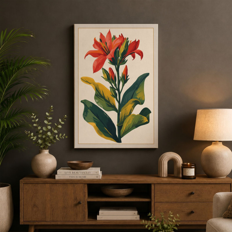 Red Lily Specimen Botanical - Wrapped Canvas, 36x24 - 91.4 x 61.0 cm, Cream Border