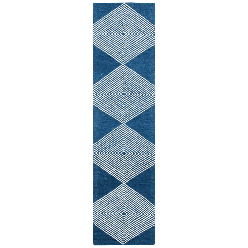 Konopka Geometric Handmade Tufted Wool Navy/Ivory Area Rug, Runner 2'3" x 9'
