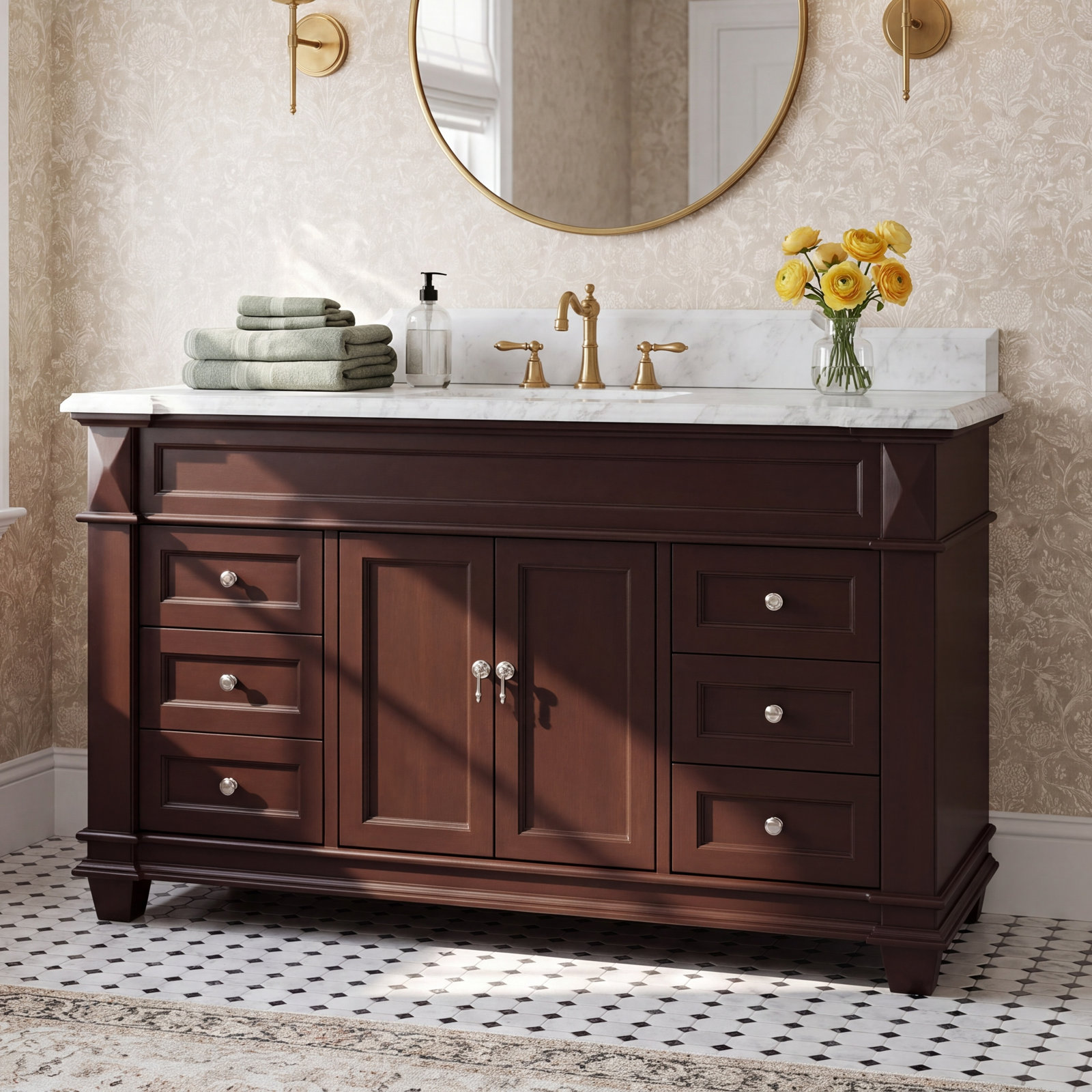 60 " Pine Single Bathroom Vanity, Carrara Marble, Chocolate