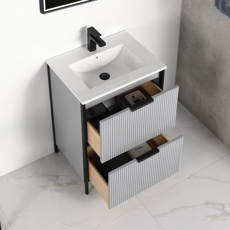 Chriselda 24" Freestanding Bathroom Vanity with Sink – Modern European Wood Cabinet with Ceramic Basin, Soft-Close Storage & Quick Assembly