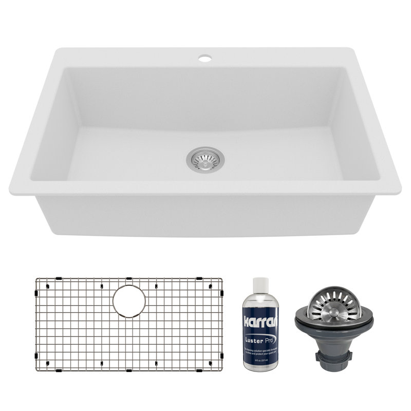 Karran Quartz 33'' X 22'' Large Single Bowl Drop-in Kitchen Sink With Bottom Grid and Strainer, White
