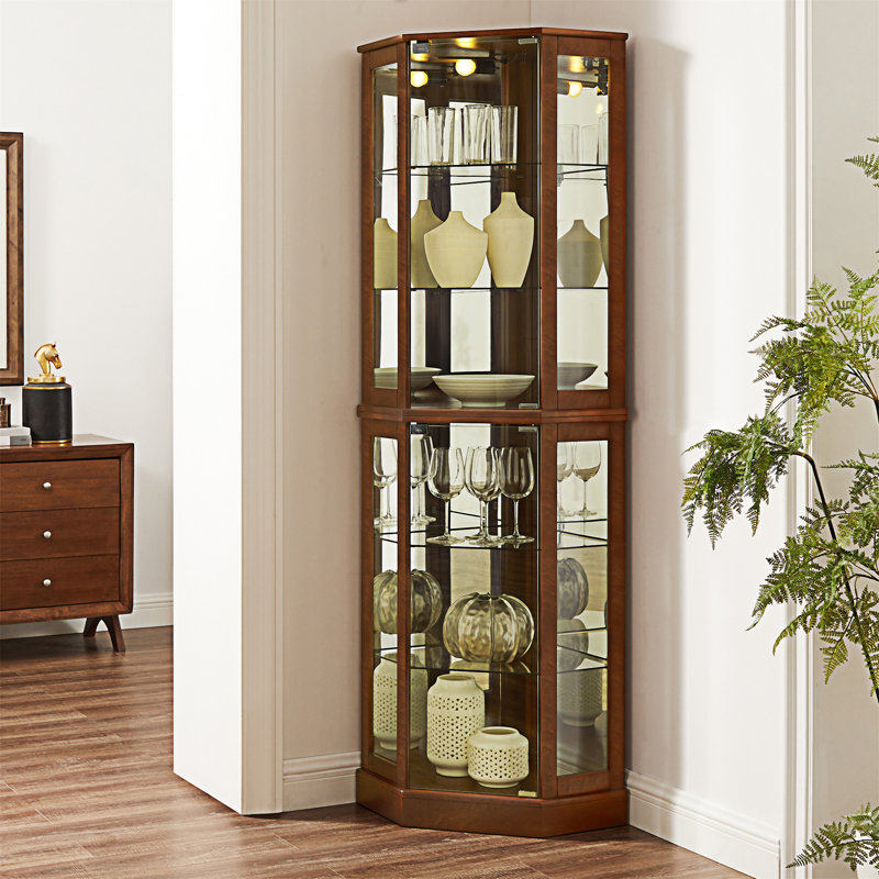 Walnut Lighted Corner Curio Cabinet with Tempered Glass Shelves