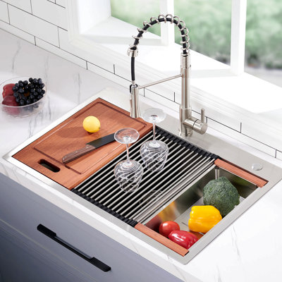 28 x 22 Drop In Stainless Steel Workstation Sink, 28 Inch 18-Gauge Stainless Steel Drop-In Kitchen Sink, Handmade Single Bowl Workstation R10 Rounded Corner kitchen Sink with Accessories