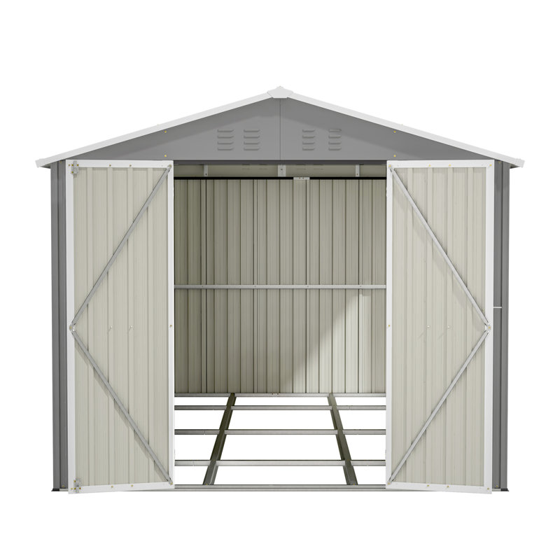 8 pi x 12 pi, gris, métal, rangement extérieur, porte verrouillable, cadre en aluminium, grand espace, outils de jardin, système à deux portes, remise en métal sécuritaire et facile, grande capacité pour les portes doubles rapides
