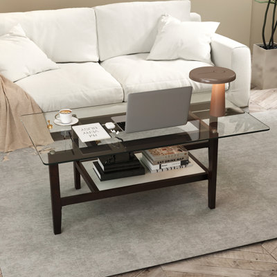 Table basse à 2 niveaux avec tablette de rangement et pieds en bois d'hévéa