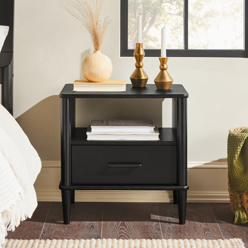 Transitional Solid Wood Spindle Nightstand, Black