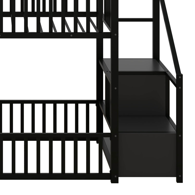 Lit superposé simple au sol avec échelle de rangement et garde-corps, Black