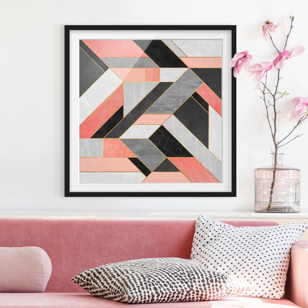 Gerahmtes Poster Geometry in Rosa/Gold