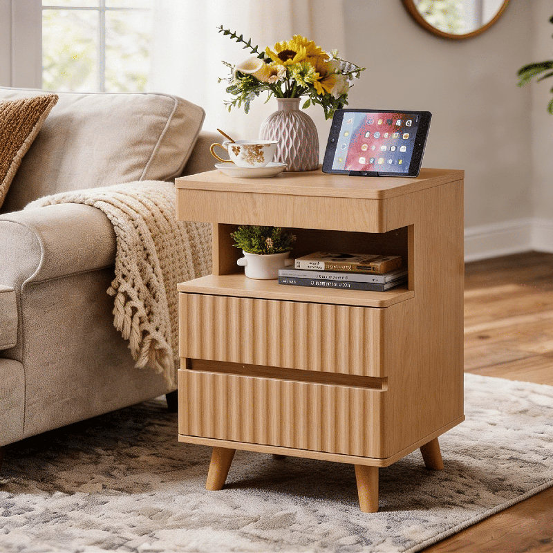 Wood Nightstand with LED Lighting, Hidden Storage Drawer and Built-In Charging Station, Natural Oak
