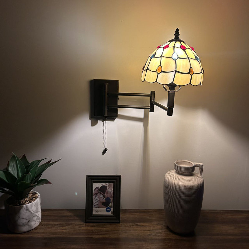 Tiffany Sconce Lamp Swing Arm Gold Stained Glass Golitz Pull Chain Switch 13”W*8”D*15”H