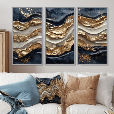 Éclipse dorée sur des vagues dansantes de marbre IV - réalisme abstrait, art mural - ensemble de 3
