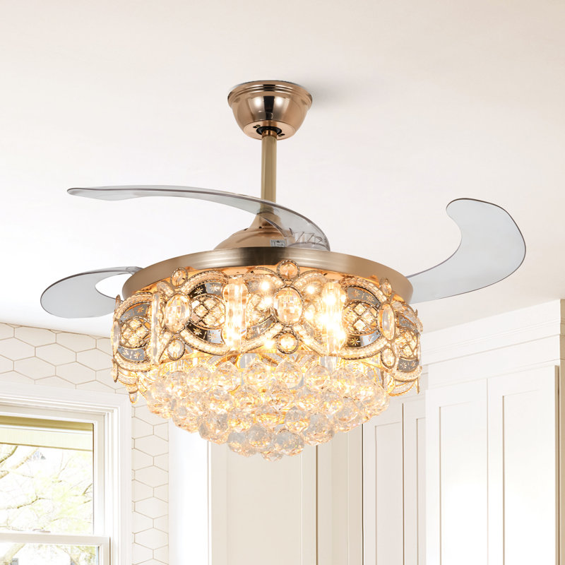 Dreux Crystal Ceiling Fan Indoor with Light Remote Control Modern, 43.3" x 19.7", Gold