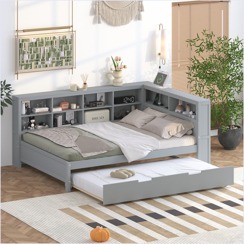 Lit de jour avec tablette de rangement et ports de chargement USB, Gris, Double