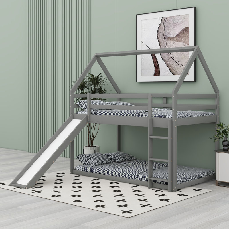 Structure de lit superposé au sol avec glissière, échelle et garde-corps pleine longueur, Gris