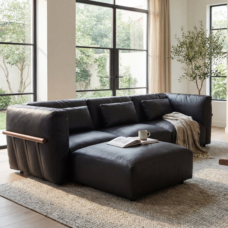 4 Pieces L Shaped Upholstered Sectional Modular Cloud Sofa With Ottoman, Black Faux Leather