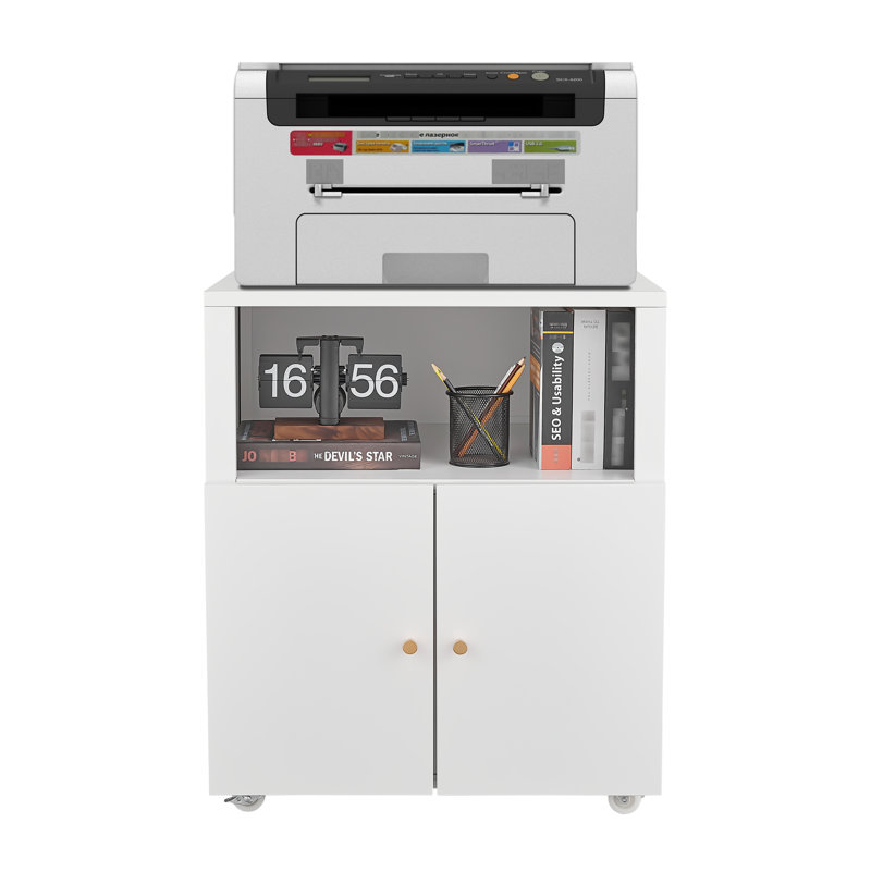 Classeur mobile pour bureau à domicile avec support pour imprimante et porte magnétique - charnière améliorée en métal blanc, cloison réglable, 360 roues rotatives pour dossiers de format lettre / légal / A4